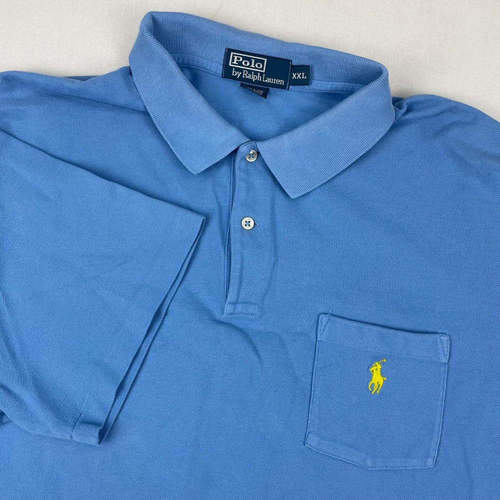 Polo Ralph Lauren Mens XXL Blue Short Sleeve Pique Pocket Polo Shirt Yellow Pony